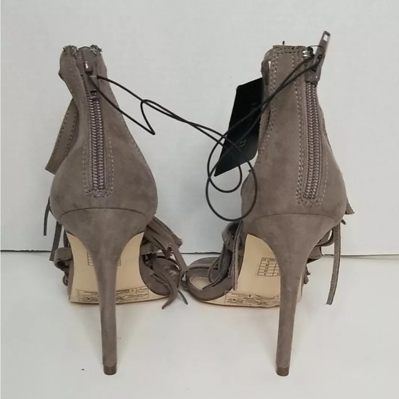 Taupe "Radiohead" Faux Suede Fringe Open Toe Heeled Sandals - Picture 12 of 12